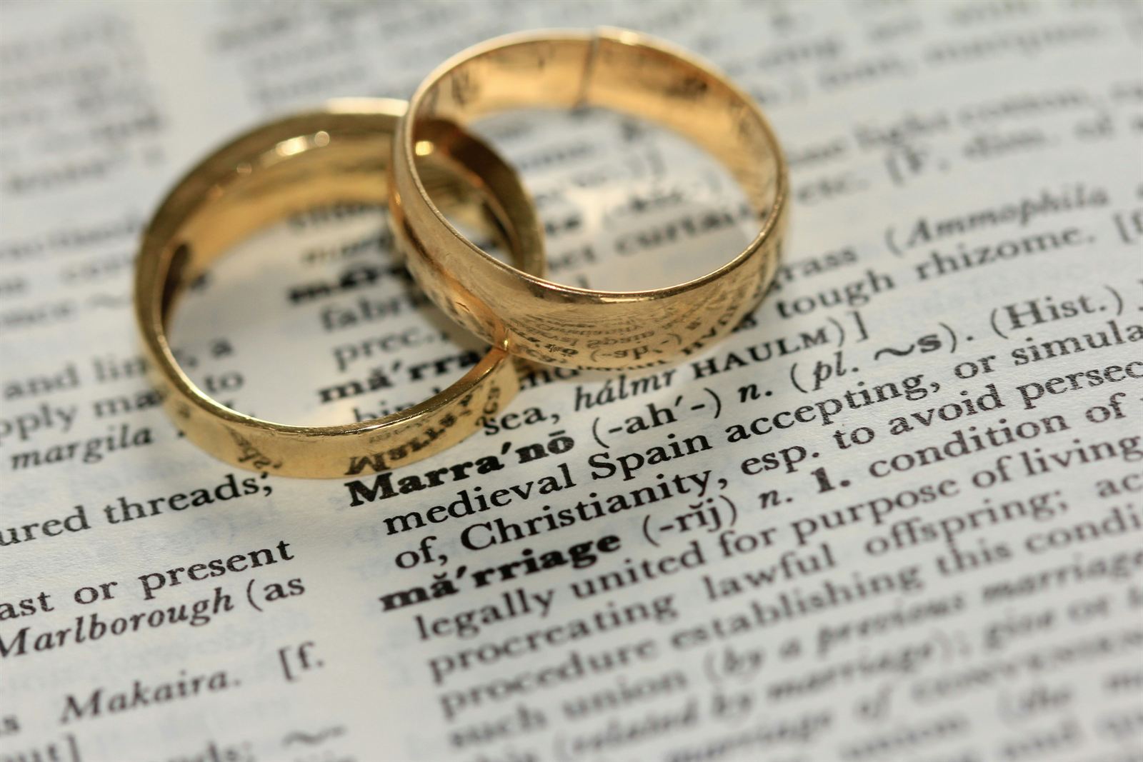 Sözlükte “marriage” (evlilik) maddesinin üzerinde duran iki altın alyans